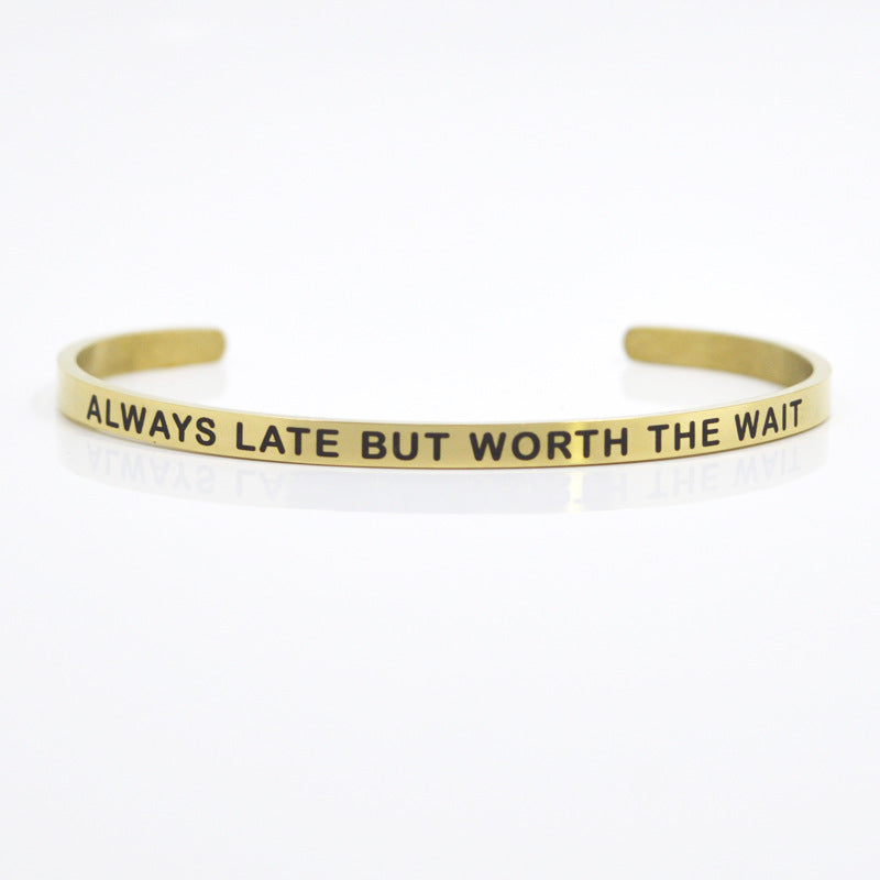 Letras de acero inoxidable de oro de 4 mm al por mayor titanio acero C Shape Breathe Dream Pulsera intrépida